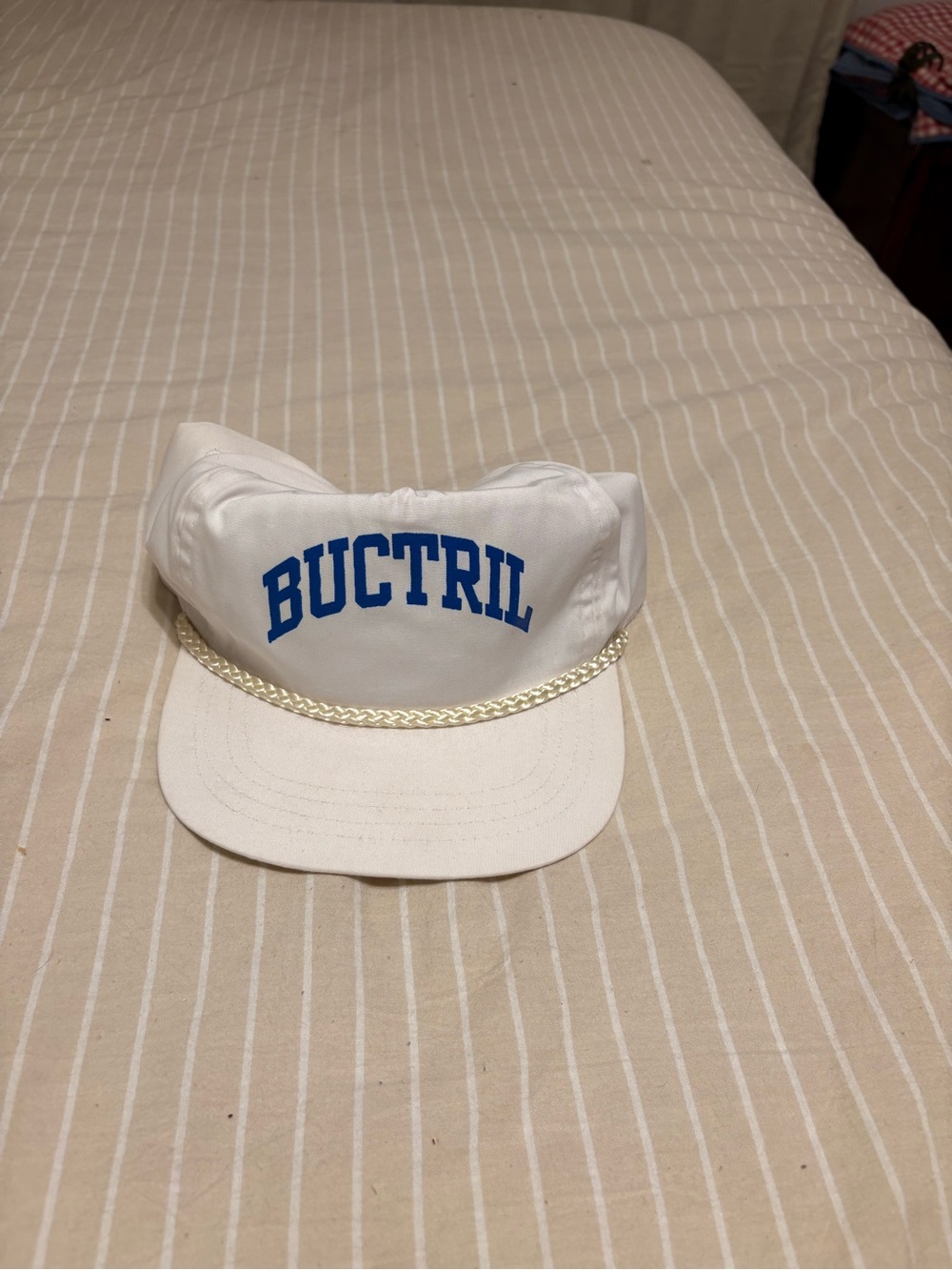 White "BUCTRIL" Rope-Trim Snapback Hat